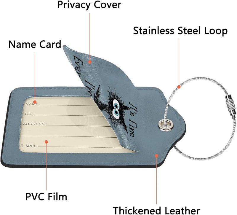 GACCAP 2 Pack Luggage Tags for Suitcase, Privacy Cover ID Label with Stainless Steel and Address Card for Travel Bag Backpack Cruise Ship Essentials Tag Women Men - I'm Fine Funny Cat - Image 3